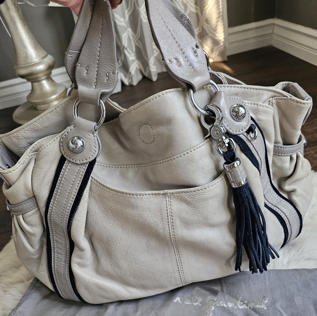 7 Seven For All Mankind Leather Grey Silver Navy Blue Tote Bag Purse